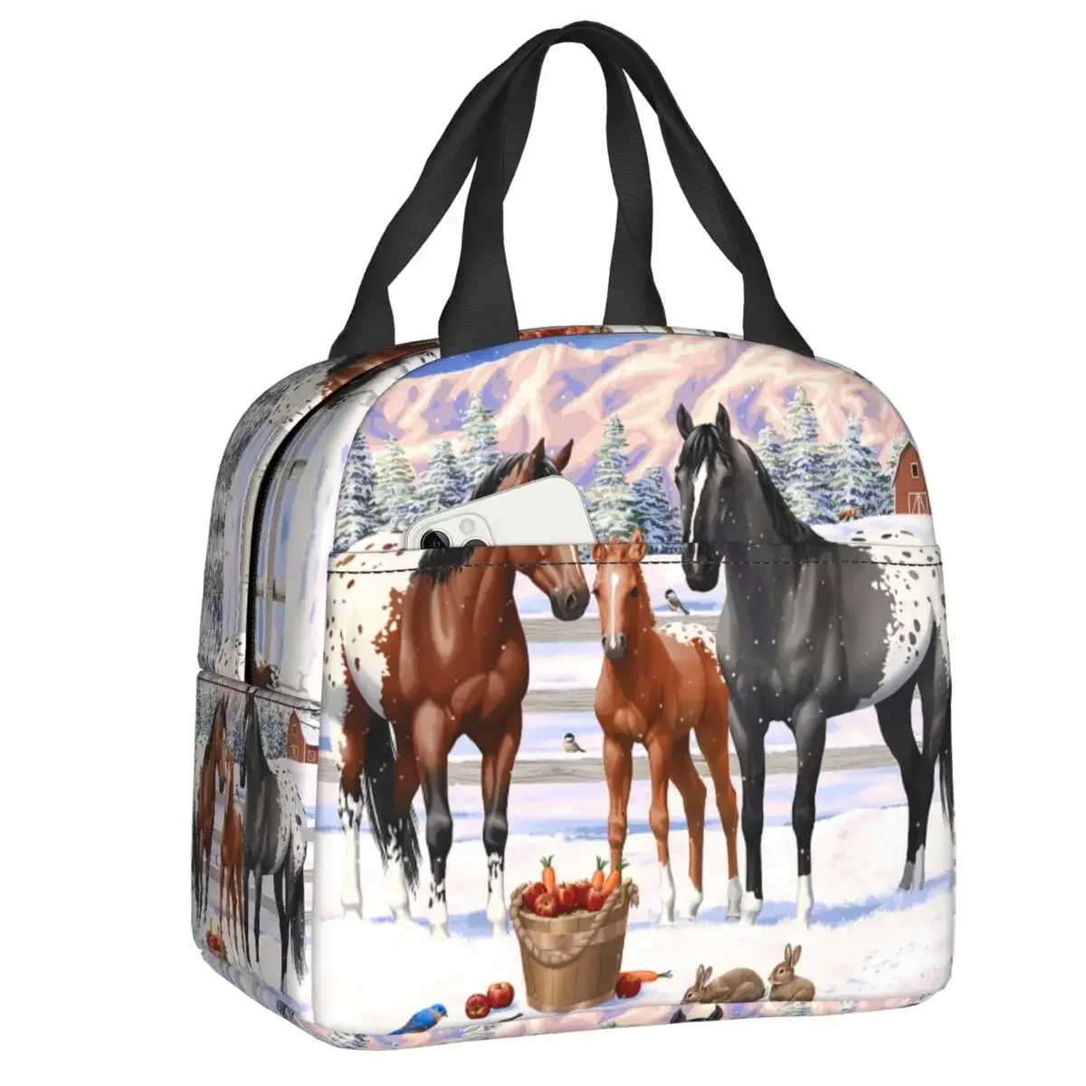 Custom Horses In Winter Lunch Bag Women Thermal Cooler Insulated  Box for Children School