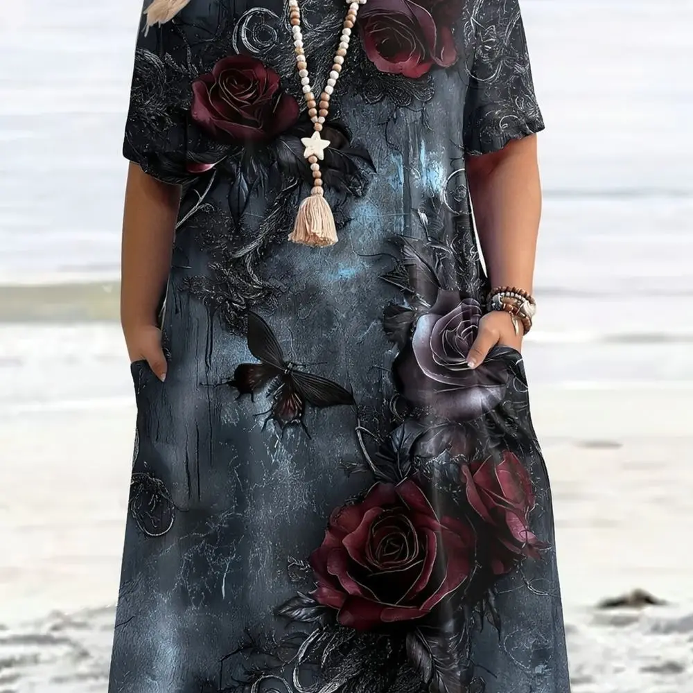 Casual Ethnic Print Summer Midi Dress Women Loose Round Neck Short Sleeve Plus Size Comfortable Pocket Design Apparel