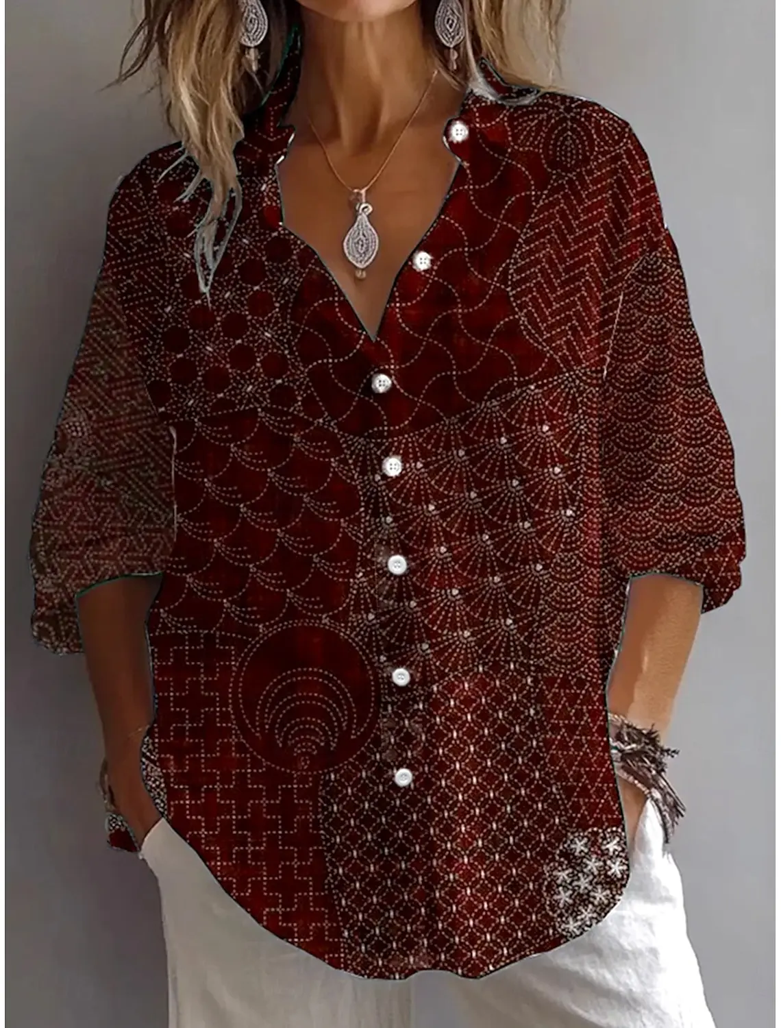

Модная женская винтажная блузка с геометрическим рисунком пейсли, блузка с лацканами и воротником, женские рубашки с длинными рукавами, женская одежда, женская одежда