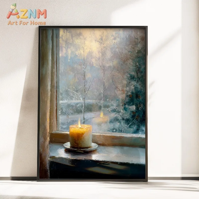 Winter Window Sill Candle Canvas Wall Art Snowy Outdoor View Vintage Rustic Christmas Home Wall Print Unframed Canvas Poster