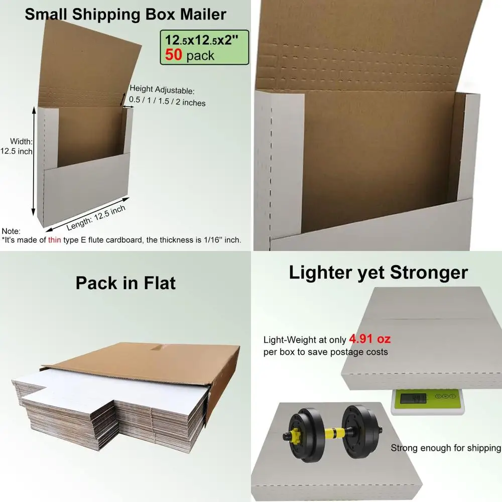 

50-Count 12 Vinyl LP Record Mailers, Adjustable Height, 12.5x12.5x2 Corrugated White Boxes for Shipping Albums