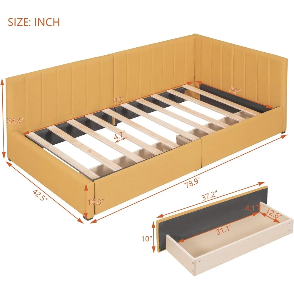 Espreguiçadeira de tamanho duplo, sofá-cama duplo estofado com 2 gavetas de armazenamento, estrutura de sofá-cama de tamanho duplo de tecido de linho, sem necessidade de molas