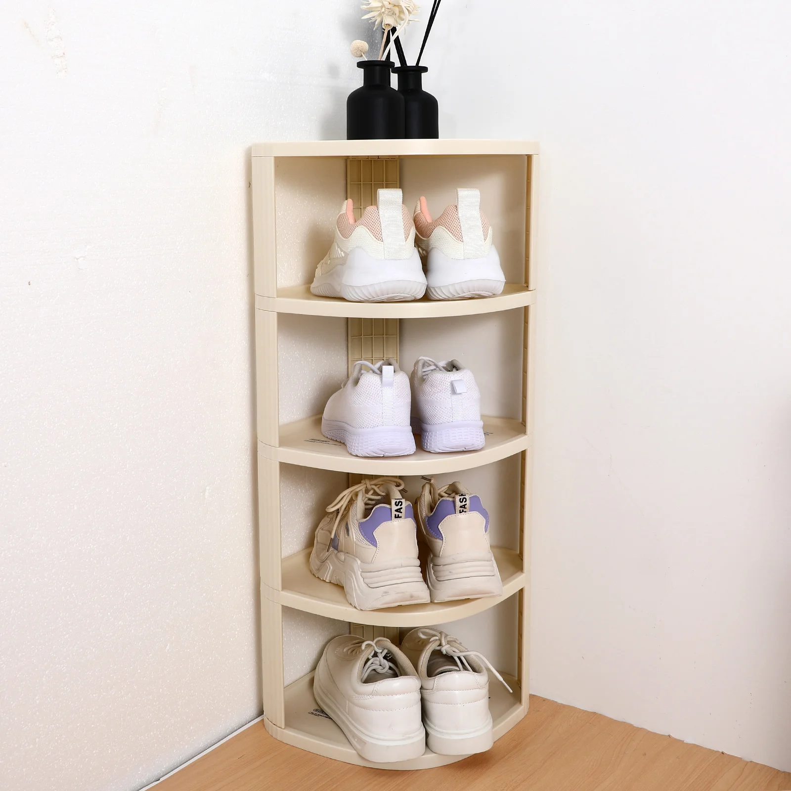 

Plastic Shoe Double Corner Organizer Beige Shoe Rack Organizer Holders Upright Compact Storage Shelf For Entryway