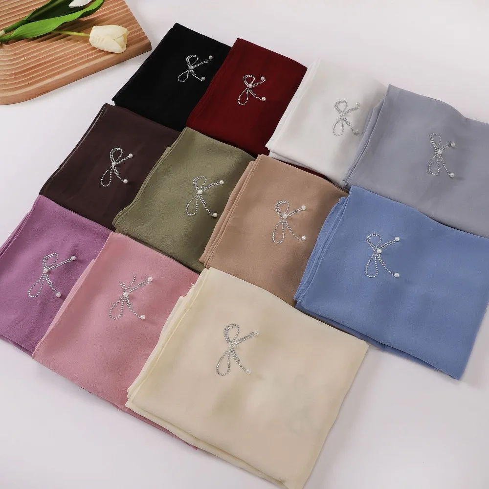 

Trendy 175×70cm Chiffon Hijabs Pearl Bow Design Solid Color Head Wrap Breathable Silk Scarf for Women
