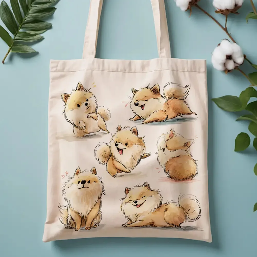 A Cute Pomeranian Dog Pattern Print Canvas Tote Bag, Suitable For Daily Use, Shopping, School, And Travel