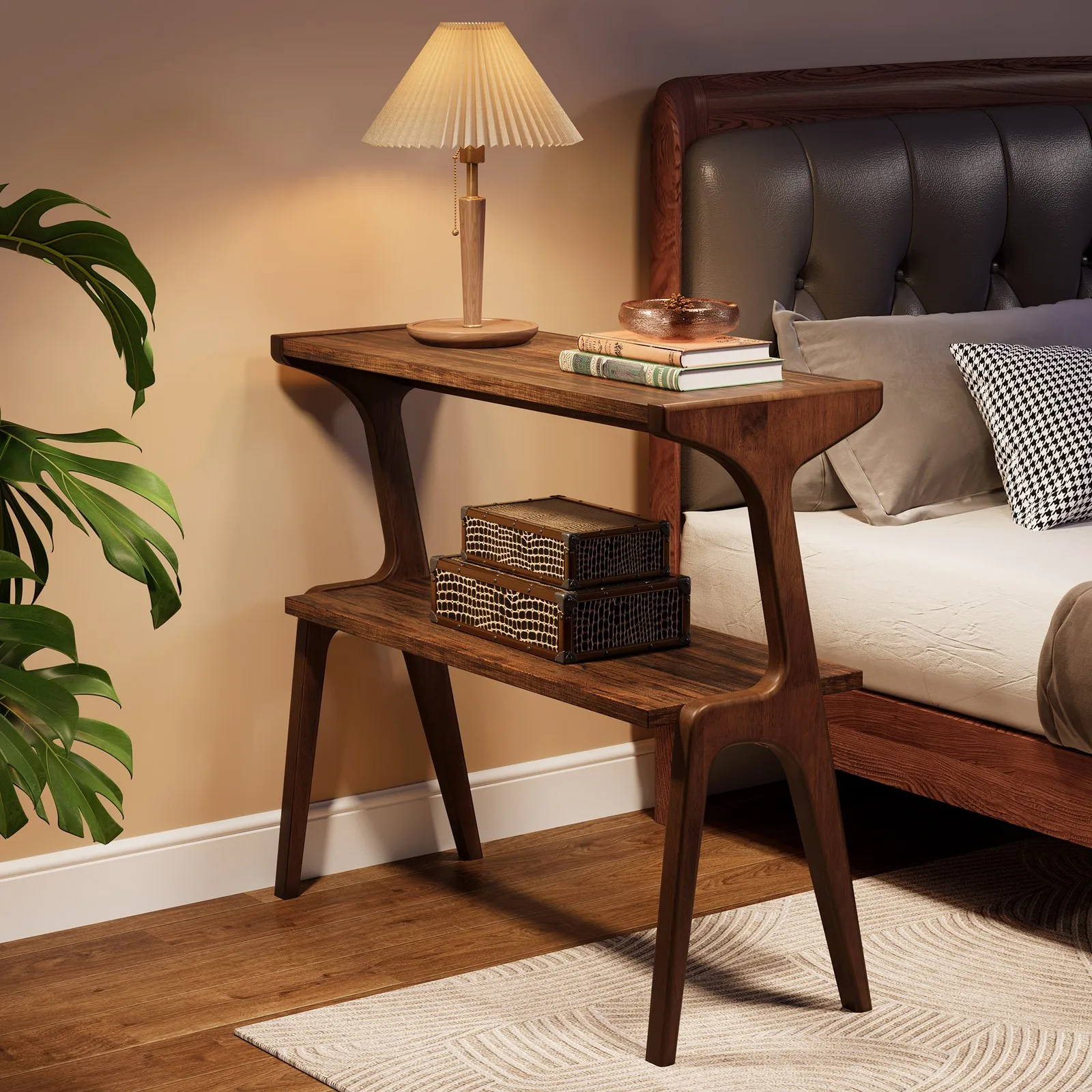 طاولة جانبية من الخشب الصلب، طاولة جانبية من طبقتين مع رف تخزين لغرفة المعيشة، بني #6