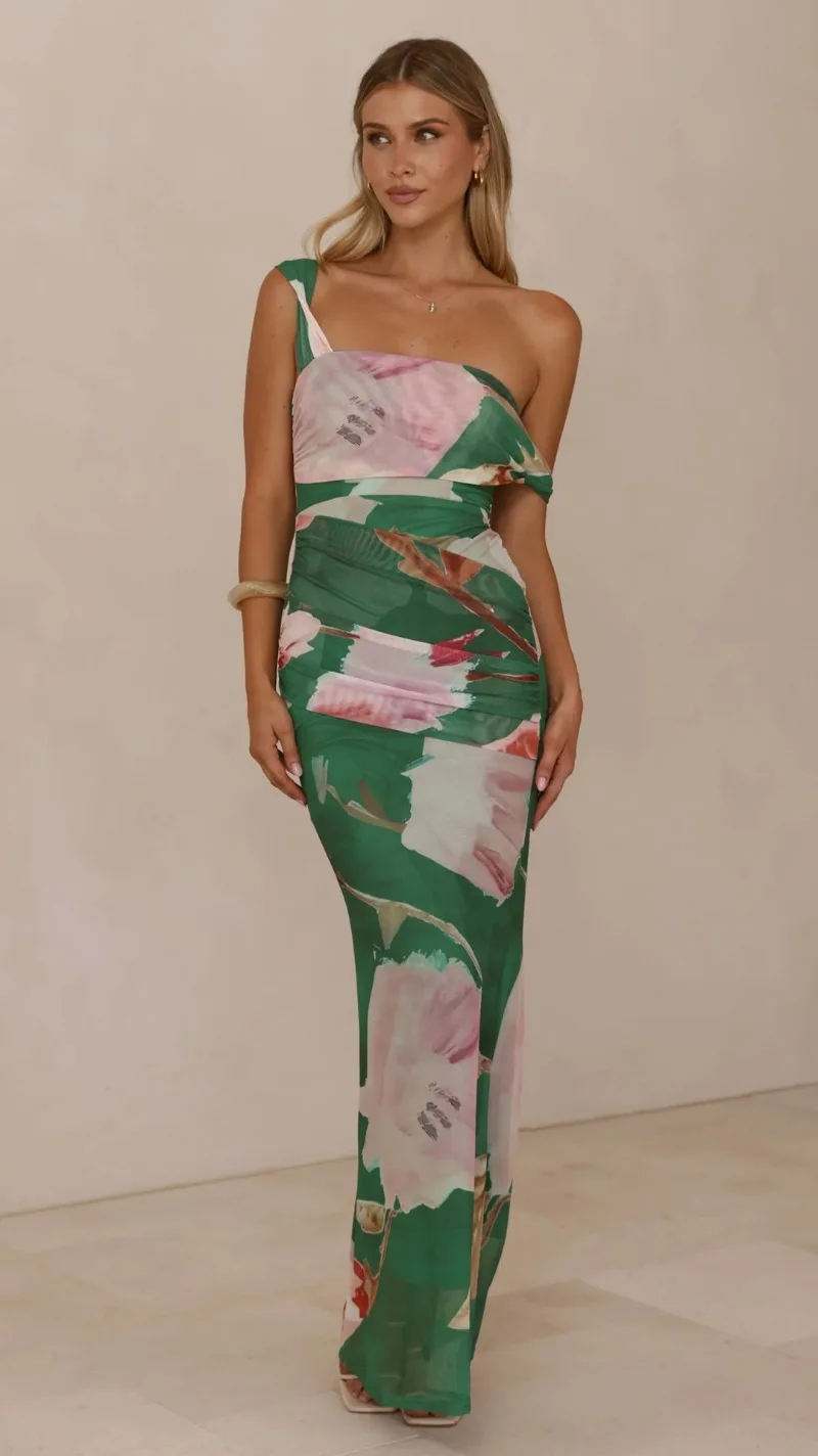 Damen Blumen-Mesh Hochzeitsgastkleid Midi Maxi Kleid Einschultriges Gefaltetes Gerafftes Bodycon Langes Kleid Sommer Strand Urlaub Party Sommerkleid – Detail 15