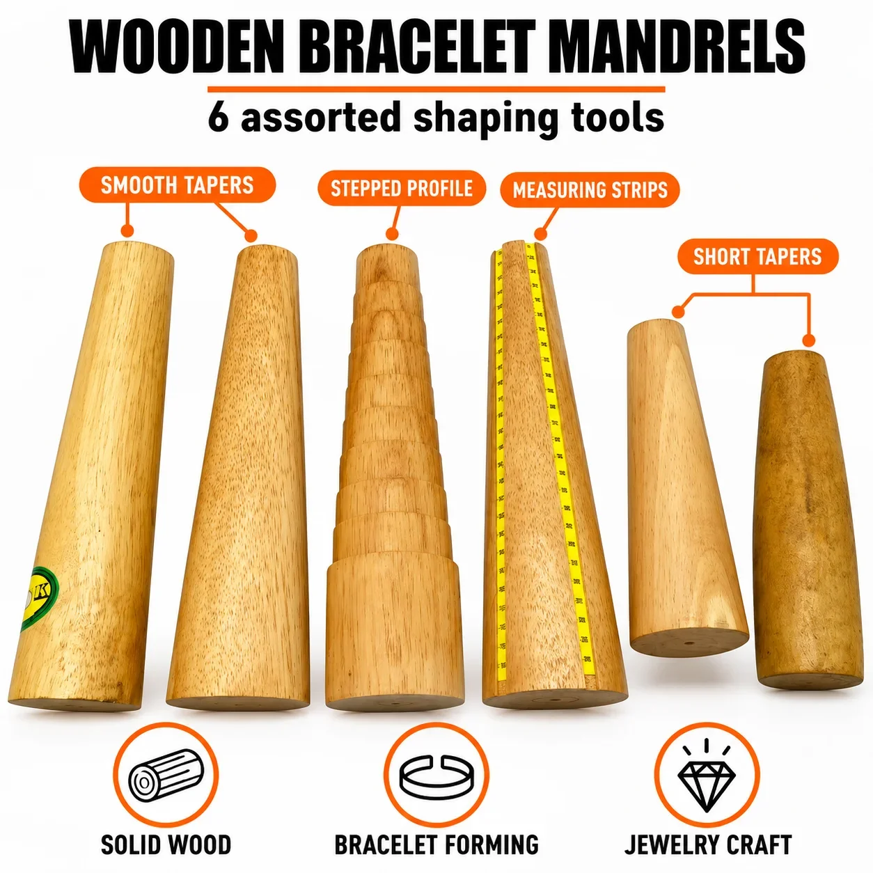 Wooden Bracelet Mandrel Rod Set Assorted for Jewelry Repair - Durable Solid Wood Shaping Correction Enlarging Measuring Tool Kit