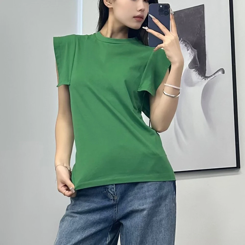 T-shirt in cotone Y2k Splicing spalla larga Design semplice pendolare Versatile girocollo senza maniche Tees Top estate 2024 nuovo