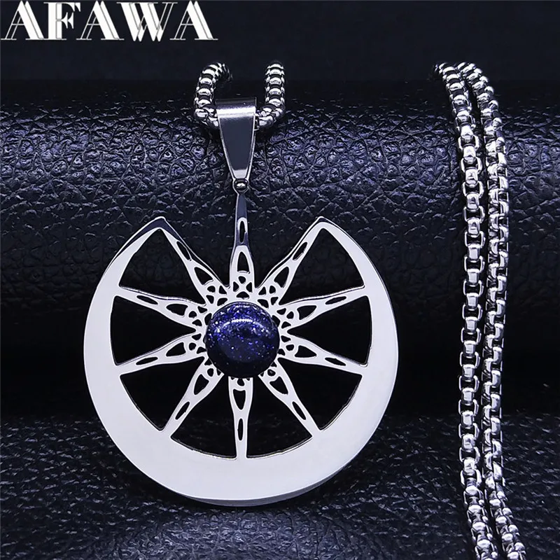 Witchcraft Ten-Pointed Star Moon Natural Stone Stainless Steel Necklace Silver Color Women/Men Wicca Jewelry collier homme N4346