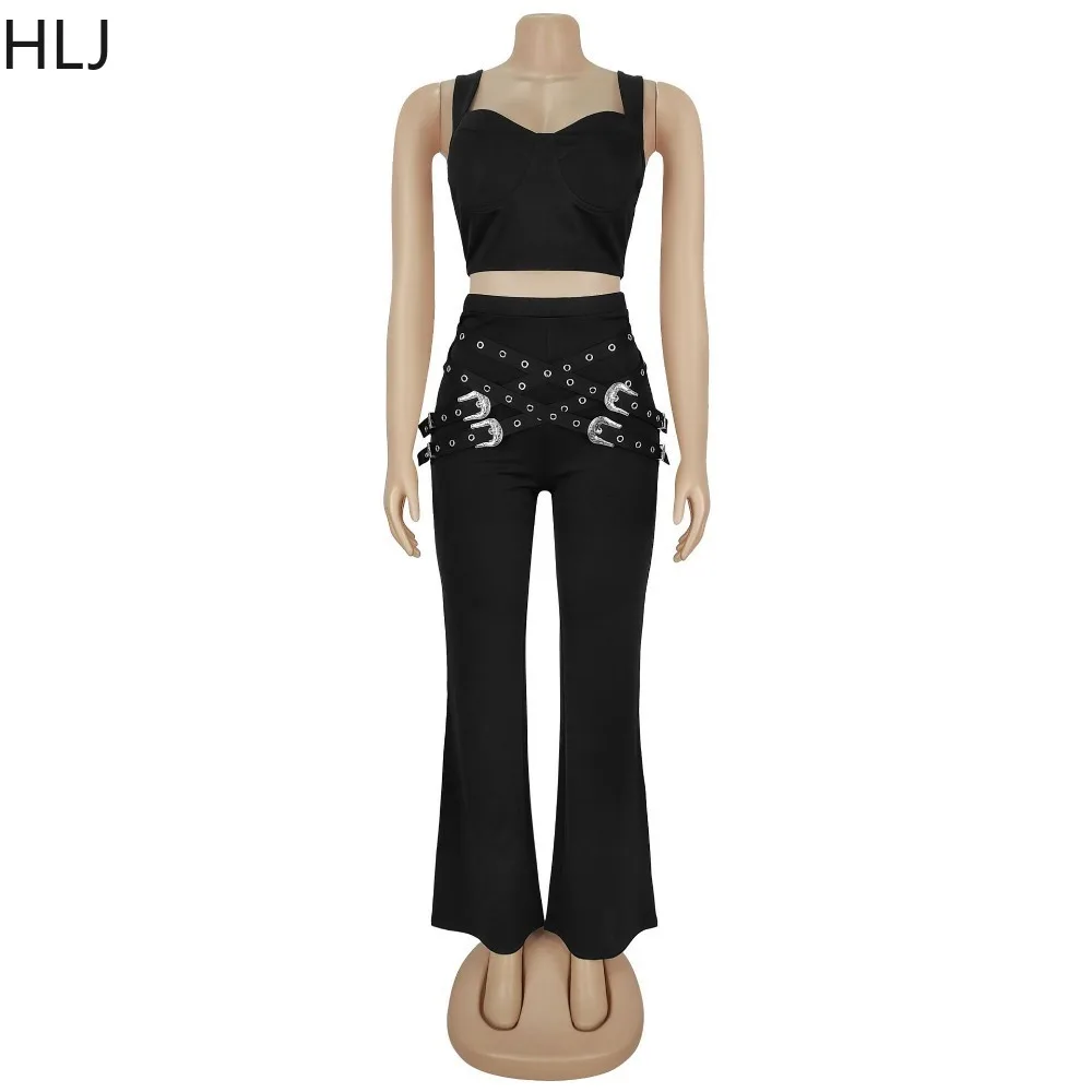 HLJ Sexy 2 Pieces Set for Woman Outfits Spaghetti Strap Sleeveless Backless Crop Top and Pants Suits Female Streetwear Clothing