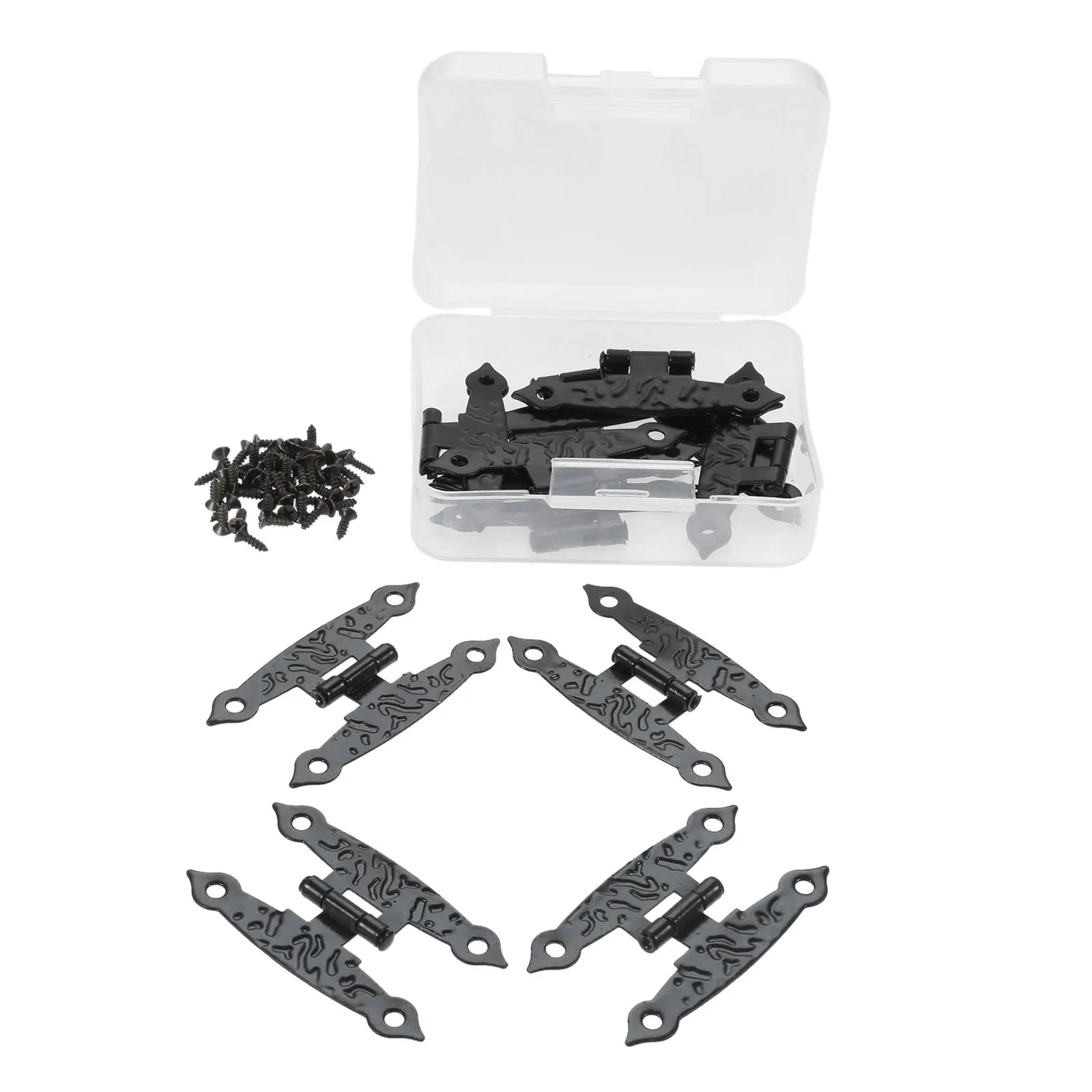 10Pcs Black H Cabinet Hinges Decorative Metal Hinge for Door Windows Kitchen Furniture Wooden Boxes + Storage Box + 40Pcs Screws