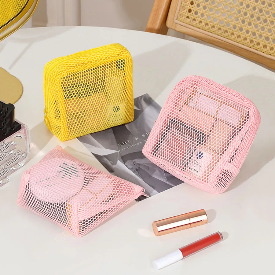 Stylish Lightweight Mesh Cosmetic Bag, Portable Square Cosmetic Storage Bag with Zipper, Multi-purpose Sundries Storage Bag