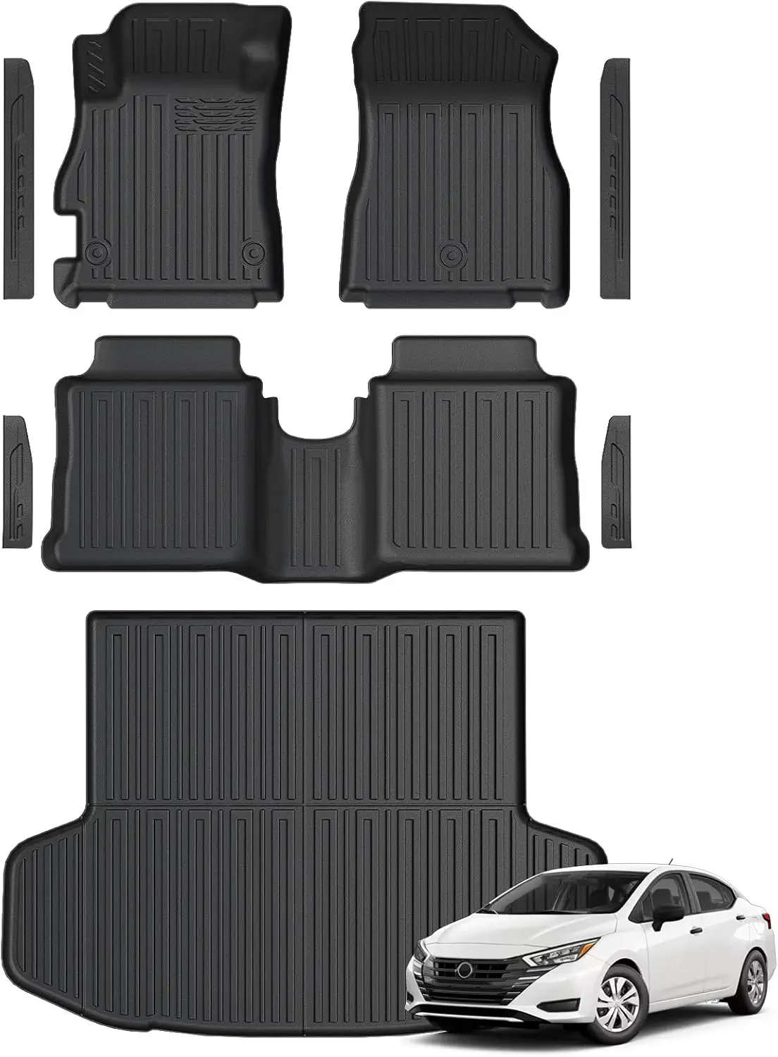 All-weather floor mats, trunk cargo liner and door sill guards for Nissan Versa 2020-2026, full coverage set