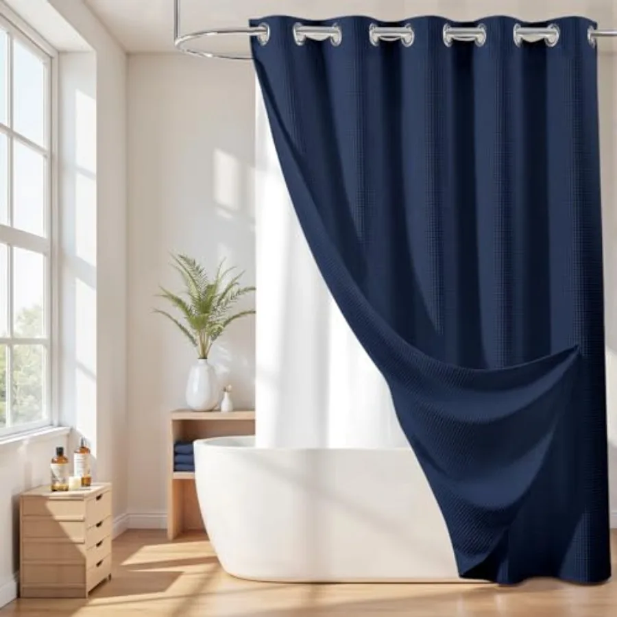 

Hotel Grade No Hooks Needed Shower Curtain with Snap in Liner, Water Repellent, Machine Washable Navy Blue, 71"x74"(W/Liner )