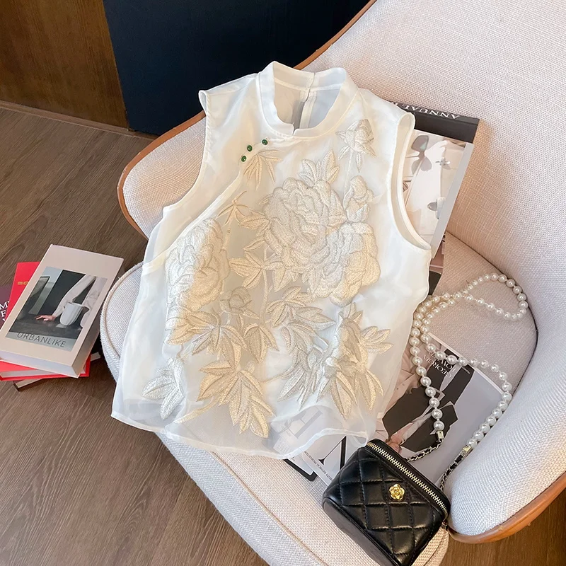 เสื้อกั๊กปักลายสำหรับผู้หญิง ผ้าบาง สไตล์จีนใหม่ เสื้อคลุมฤดูร้อน แฟชั่นอเนกประสงค์ สวมใส่สบาย ทรงหลวม