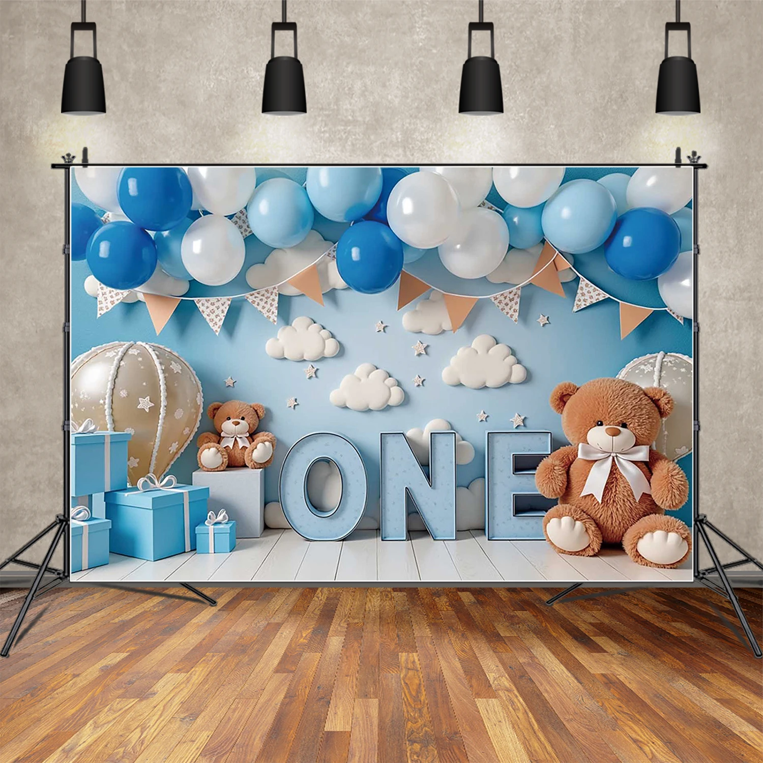

MOON.QG Boy Teddy Bear Photo Backdrop Blue Balloon 1st Birthday Party Photozone Background Home Decoration Photography Props