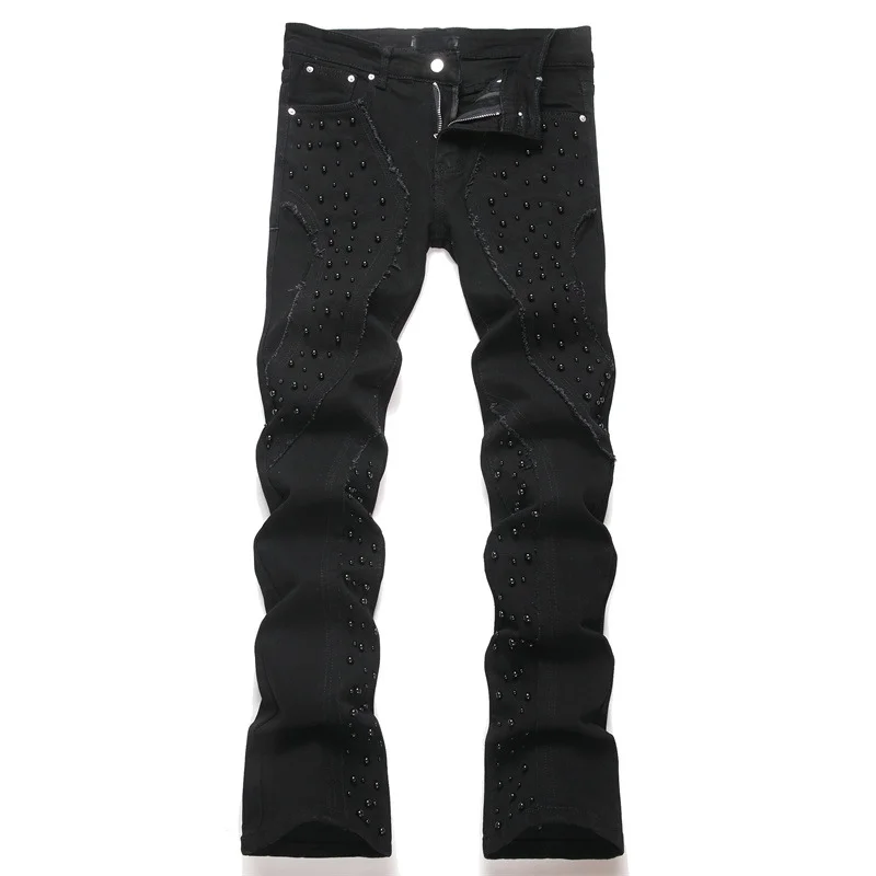 

Men's Fashion High Street Slim Fit Stretchy Jeans Pants With Pearls Streetwear Bell Botton Punk Style Denim Trousers Flare Jeans