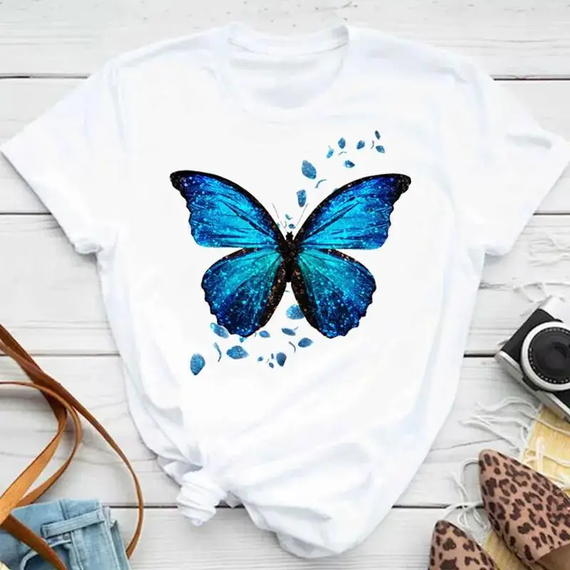 Moda damska męska koszulka kolorowa motyl płatek wydruk graficzny T Shirt Casual wycięcie pod szyją krótki rękaw Plus rozmiar T Shirt Unisex