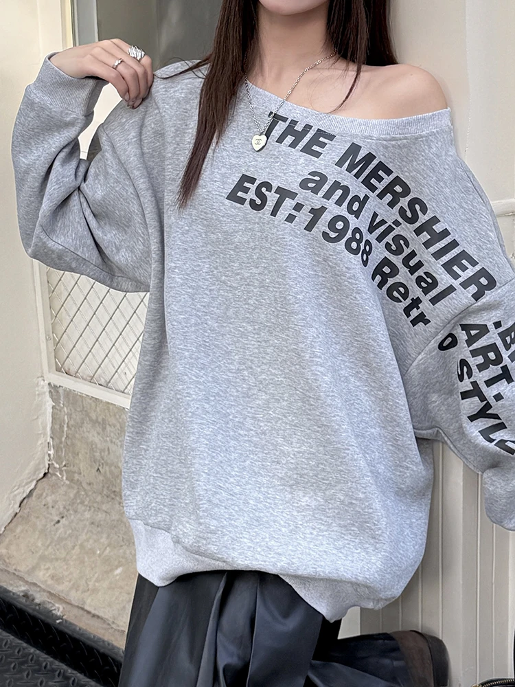 Fashion Loose Casual Sweatshirts Women Long Lantern Sleeve Letter Printed Pullovers Sexy Skew Collar Jumper 2024 Grey Sweatshirt