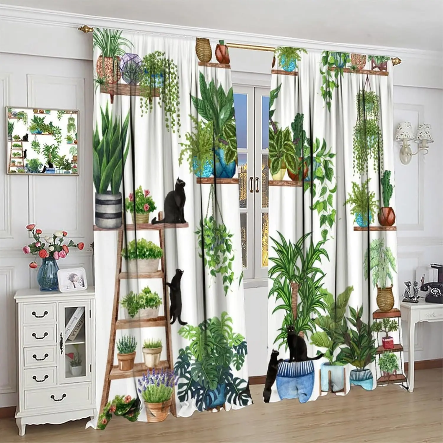 Bohemian Flower Curtains, Colorful Boho Floral Black Cats Window Treatments for Bedroom Art Green House Plants Potted Flower