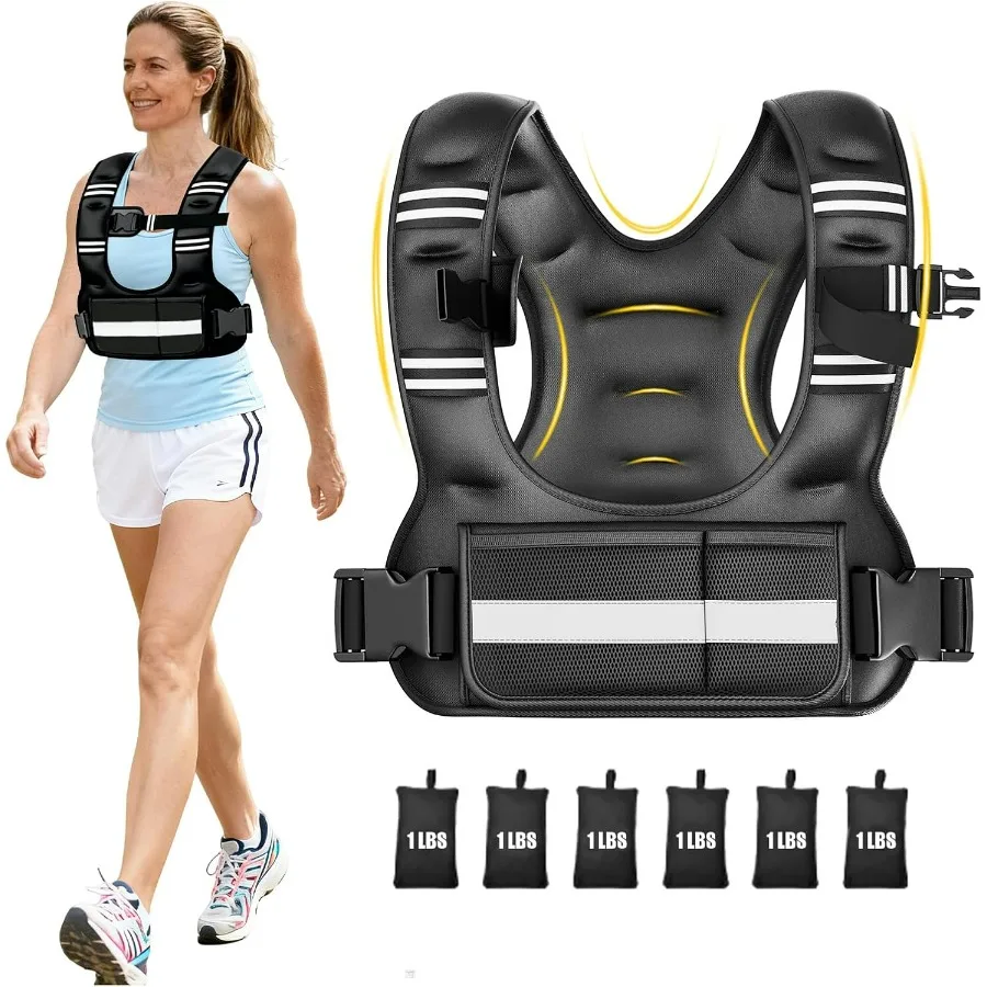 Chaleco ponderado ajustable para mujer, chaleco de peso en forma de U de 6-12 libras con 6 bolsas de arena de hierro y correas de hebilla ajustables, chaleco de arruga w