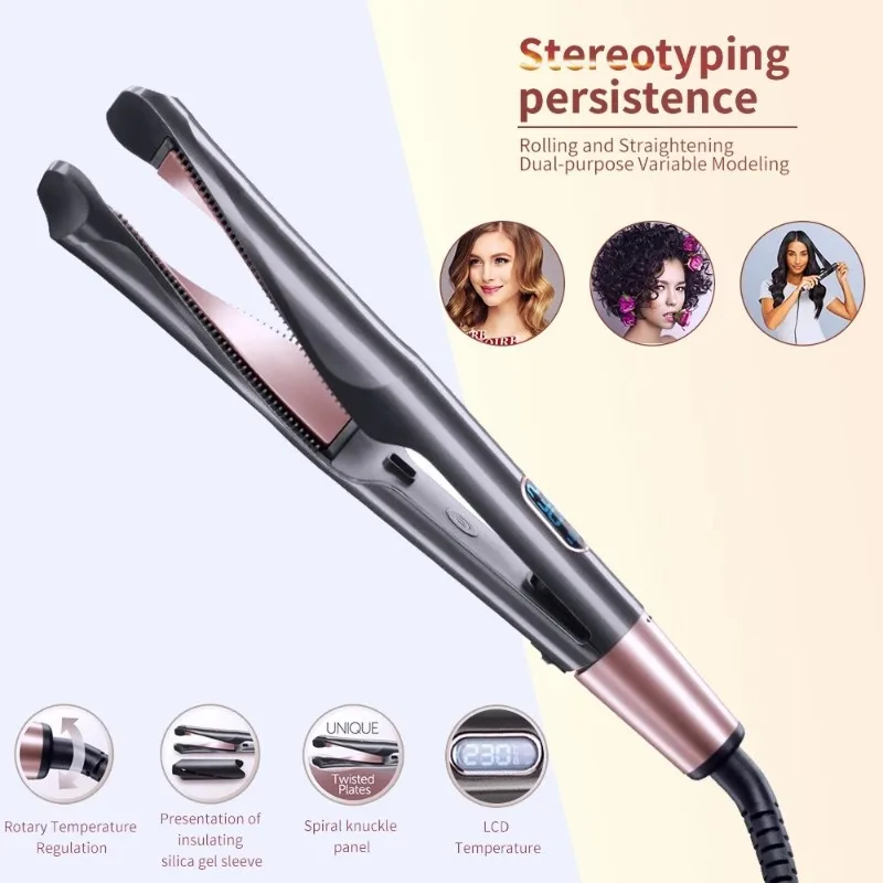 ABUD-Rotating Temperature Control 3-In-1 Tourmaline Hair Styler-Curler, Straightener, And Waver With LCD Display EU Plug