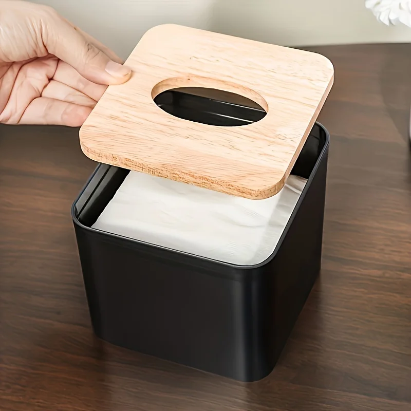 1pc/2pcs-Nordic Style Plastic Tissue Box with Wooden Cover - Paper Box for Restaurants and Rooms - Tissue Storage