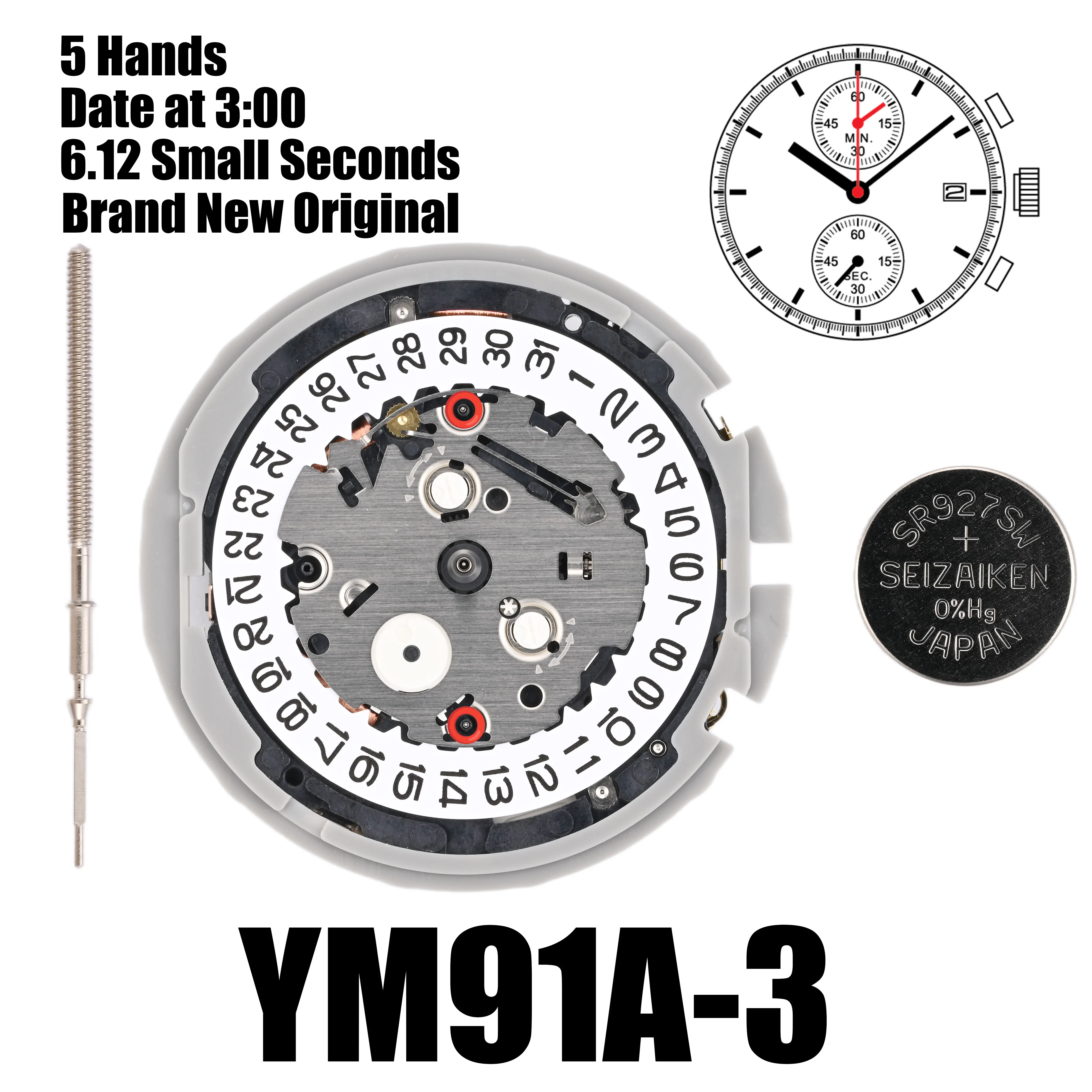 

YM91 Movement Epson YM91A Movement YM Series YM91A Quartz Size:12'''Three Hands 6.12 Small Seconds /date display at 3:00