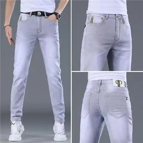 

Ele ey Men's Slim Fit Jeans Elastic Casual Long Trousers Trendy Bootcut Cotton Stretch Denim mid Waist Four kets