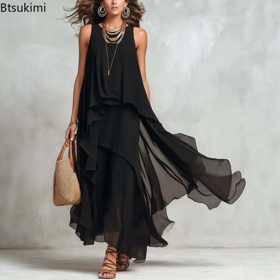 Elegantes Einfarbiges Damenkleid Sommerliches Lässiges O-Ausschnitt Ärmelloses Asymmetrisches Rüschen-Maxikleid aus Chiffon für Urlaub und Partys