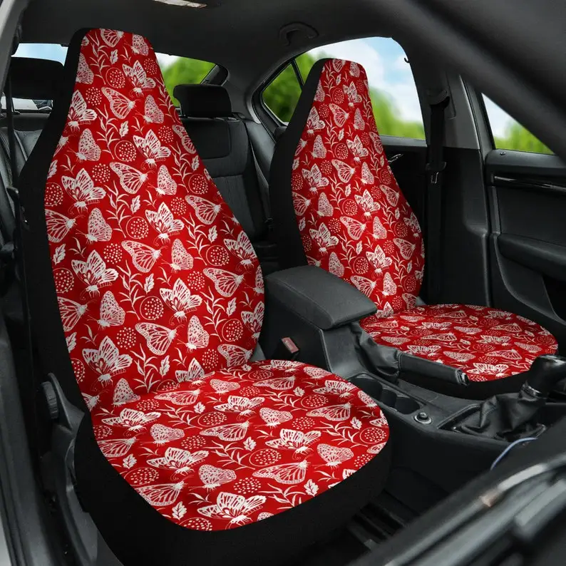 Red car seat covers for women with butterlies, white butterfly, car accessories, covers for car seats