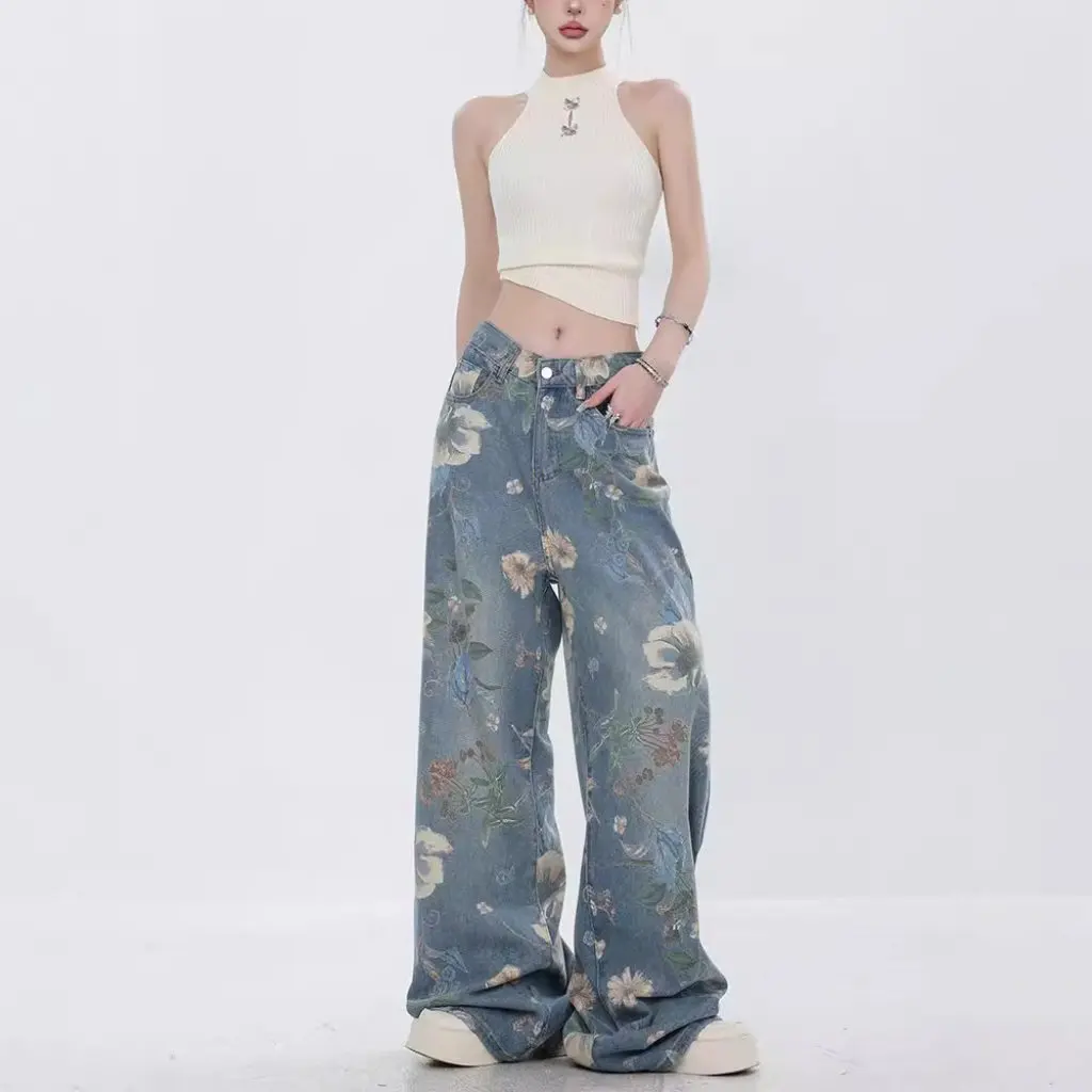 Pantalones vaqueros de pierna ancha con estampado completo de flores para hombre y mujer, pantalones de fregona ajustados rectos con efecto lavado, novedad de verano