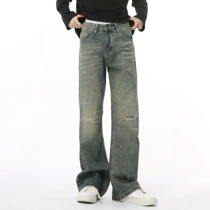남성용 가을 신제품: 하이 스트리트 피어싱 바지, 루즈 와이드 레그, 워싱 및 중고 스트레이트 튜브 마이크로 풀 팬츠 S-XL
