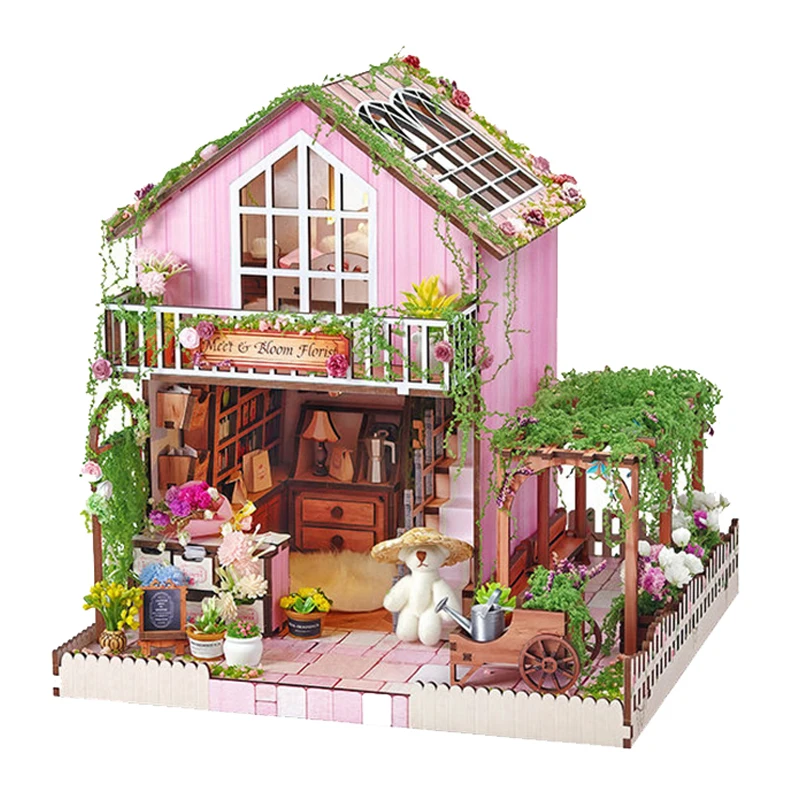 DIY Wooden Flower Store Cottage Figurines Miniatures Kits Mini Casa with Lights for Friends Birthday Gifts Home Decor Crafts