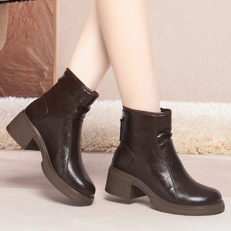 5cm All Match Elegant Comfortable Women's Shoes Winter Soft Leather Boots 2025 Blcok Heels Short Warm Fur Ankle Boots Office Mom