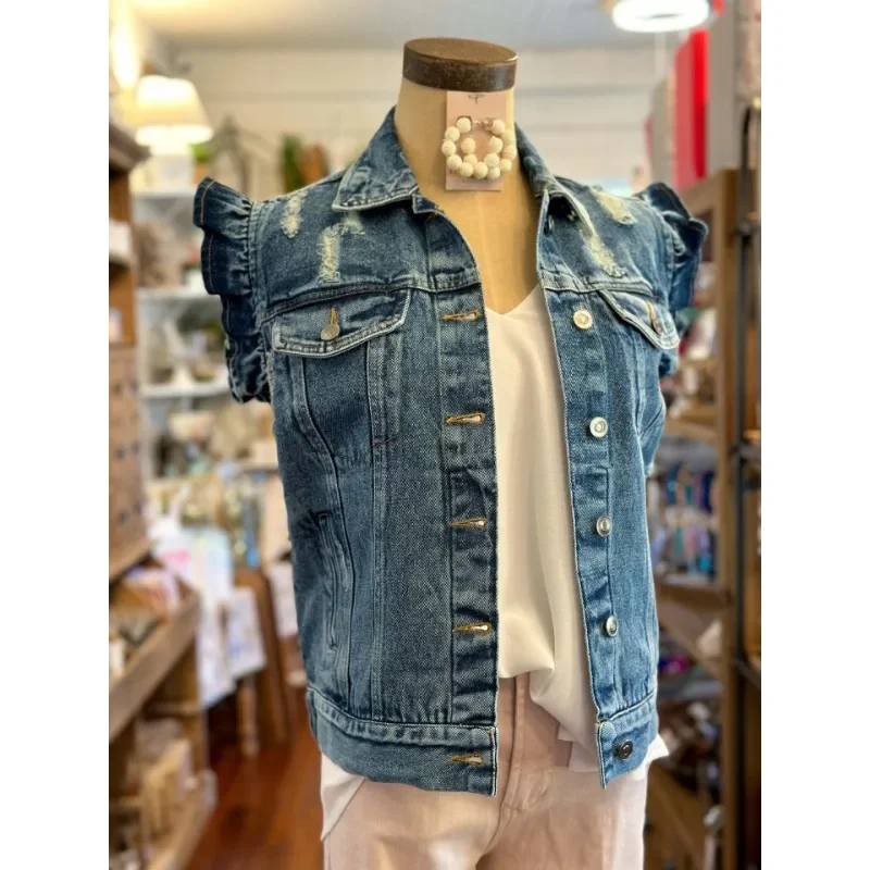 

Slim Women Cowboy Coats Jackets High Quality Ripped Denim Collar Buckle Fly Sleeves Short Sleeved Jacket Women's Clothing