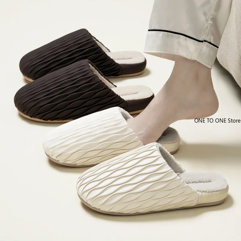 

Simple Pleated Cotton Slippers Autumn and Winter New Season Indoor Home High-end Waterproof Fleece Warm Couple Slippers Wholesal