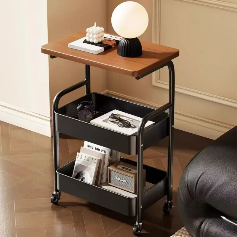 for Movable Double Layer Coffee Table Trolley Side Table Living Room Sofa Storage with Wheel Tea Table Bedroom Shelf Small