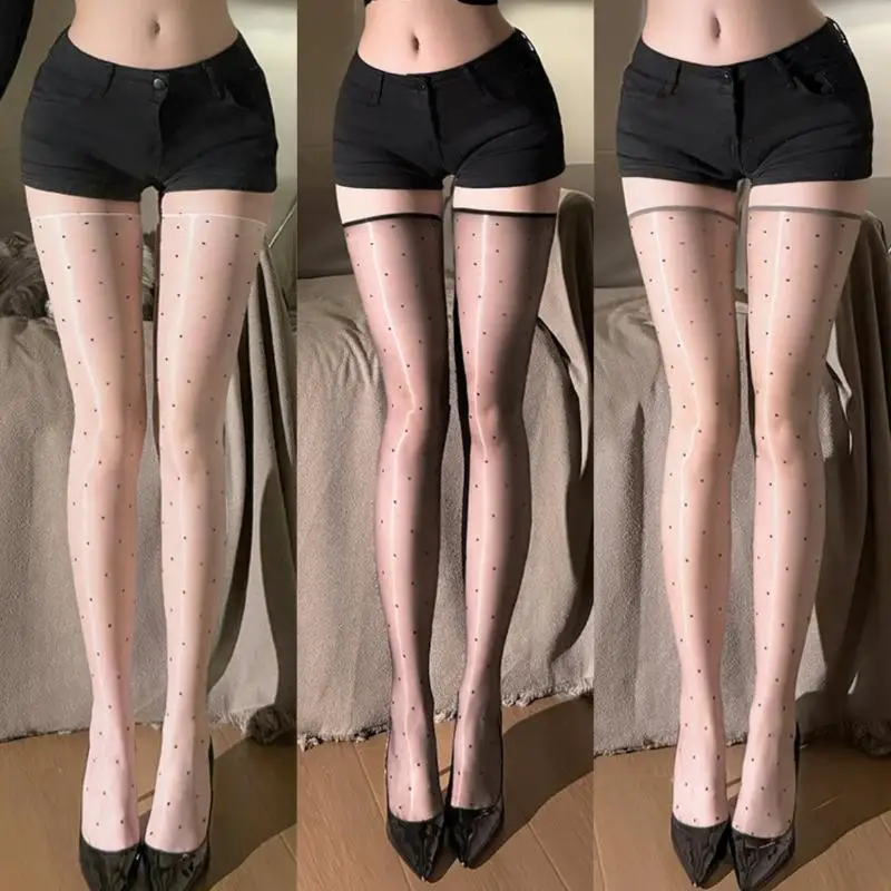 

Retro Sexy Black Dot Ultra-Thin Oil Shiny High Elastic Stocking Lady Satin Shiny Ultra-thin Long Socks Knee Sock
