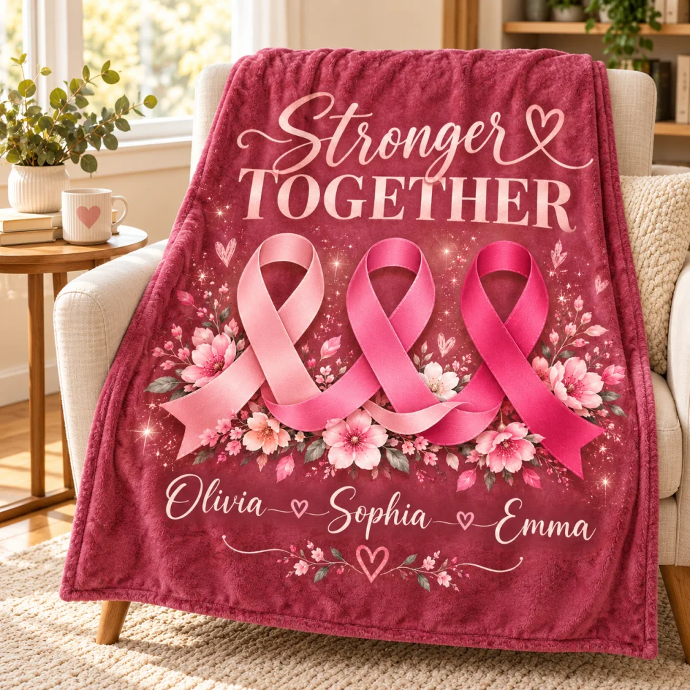 Custom 3 Names Pink Ribbon Breast Cancer Throw Blanket, Stronger Together Floral Soft Flannel Blanket, Awareness Support Gift