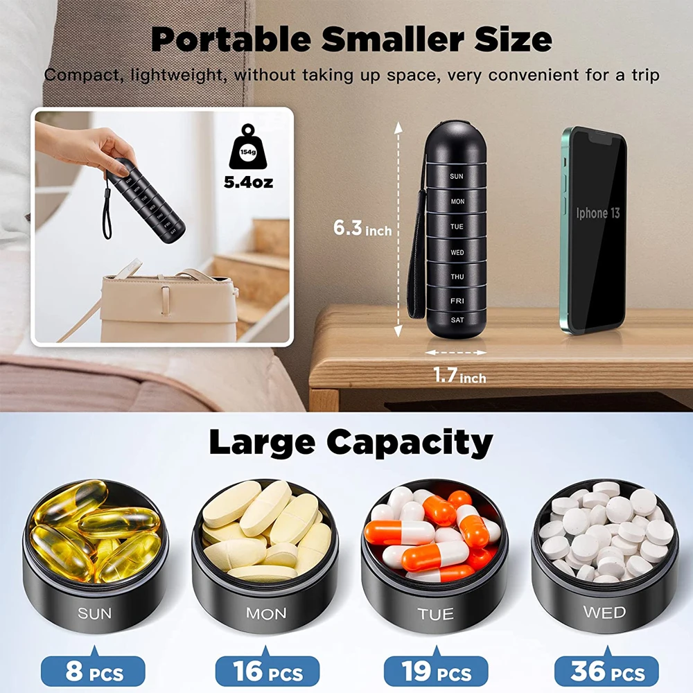 Weekly Metal Travel Pill Organizer 7 Day Pill Box Pill Case Aluminum Alloy Pill Container Portable Pill Holder for Medicine