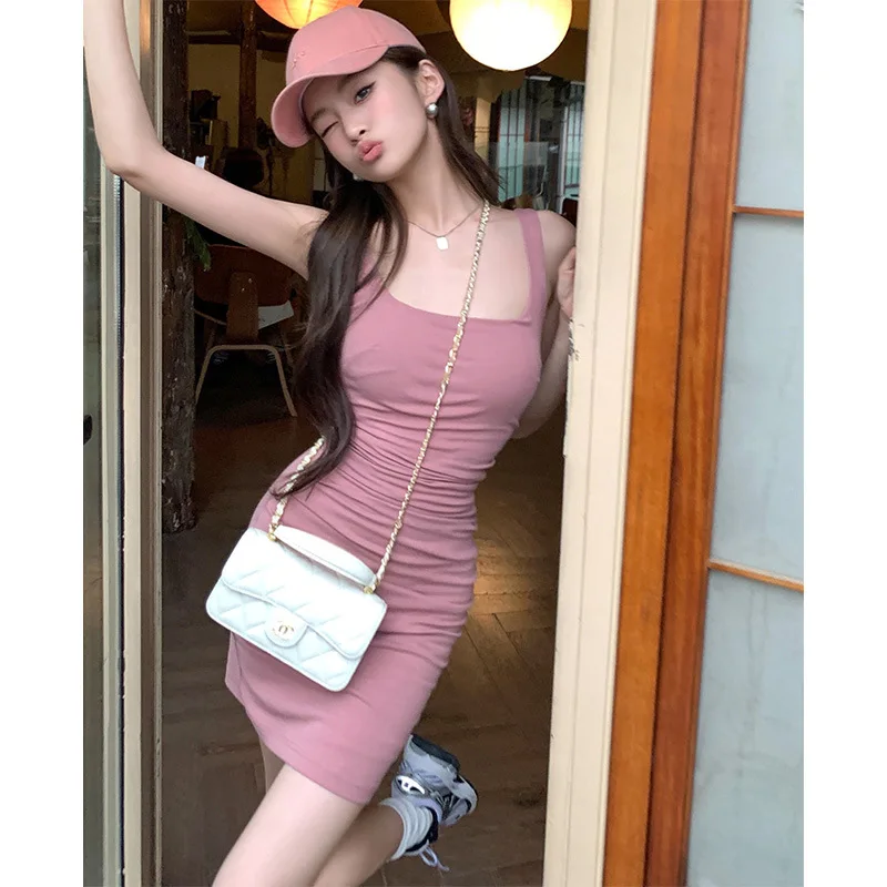 Summer New Pure Desire Spicy Girl Covers Side Breast Shows Slimming Wraps Hips Dress Hanging Strap Dress Women's Short Skirt