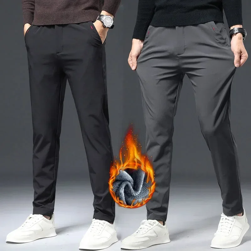 Winter Thickened Fleece-lined Men's Trendy Slim-fit Straight Solid Color Warm Fleece-lined Trousers Business Outer Wear Trousers