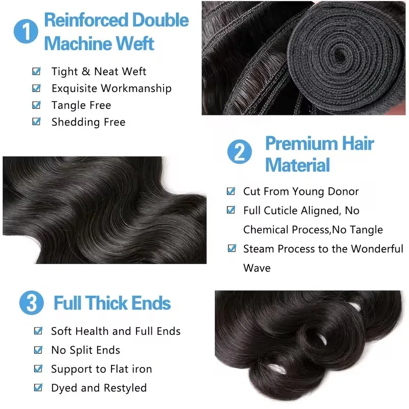 12A Body Wave Human Hair 1/3/4pcs Bundle Untreated Brazilian REMY Human Hair Weave Bundles Double-Strand Braided Natural Black Sizes 14-30