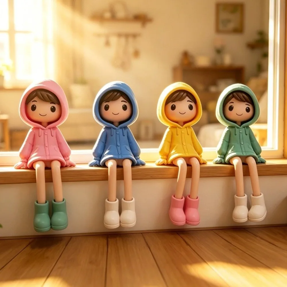 4Pcs PVC Raincoat Figurine Set Rain Boots Long Legged Miniature Hoodie Girl Figure Anti-Drop Hand Painted