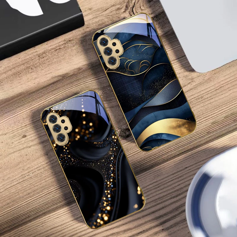 خطوط هندسية عالية الجودة لهاتف سامسونج A 31 32 33 34 35 14 15 13 16 25 26 50 51 52 53 54 55 56 70 71 72 73 حافظة هاتف زجاجية ذهبية