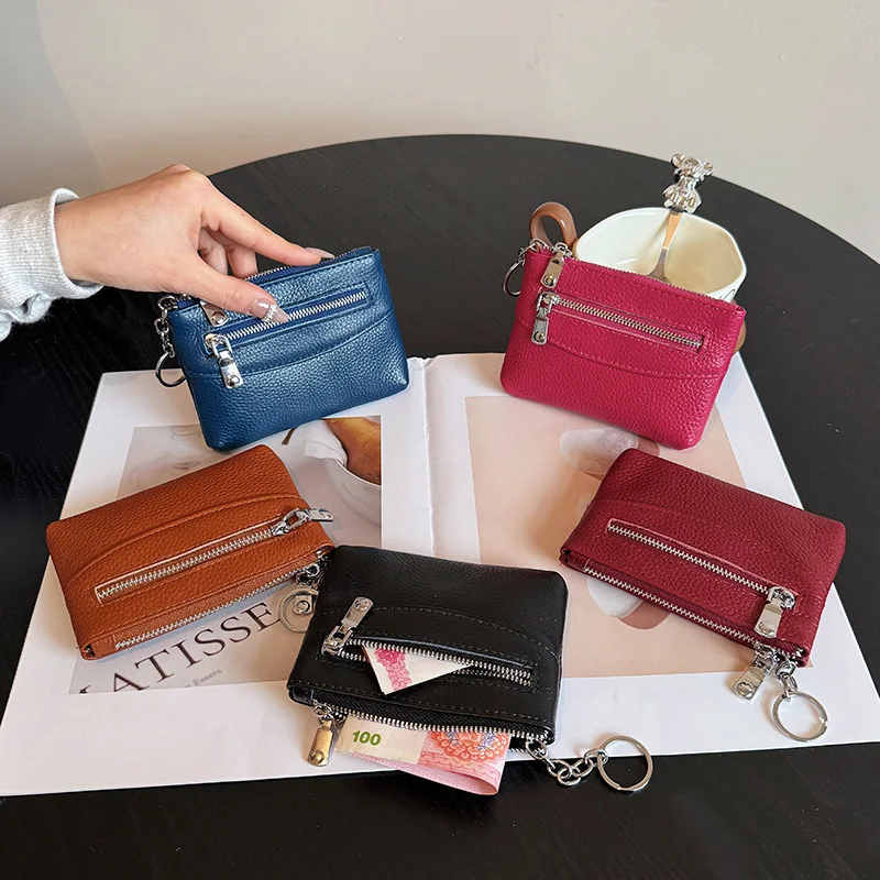 Genuine Leather Women Zip Coin Purse Female Double Layer Card Holder Ladies Mini Wallet Keychain Pouch Small Clutch Bag