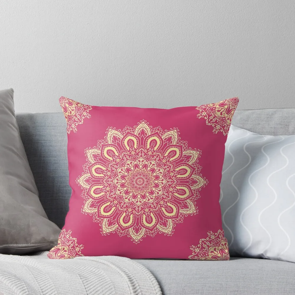 

Boho Pink Raspberry Sorbet Yellow Mandala Flower Throw Pillow Sofa Cushion pillowcases for sofa cushions Christmas Pillows