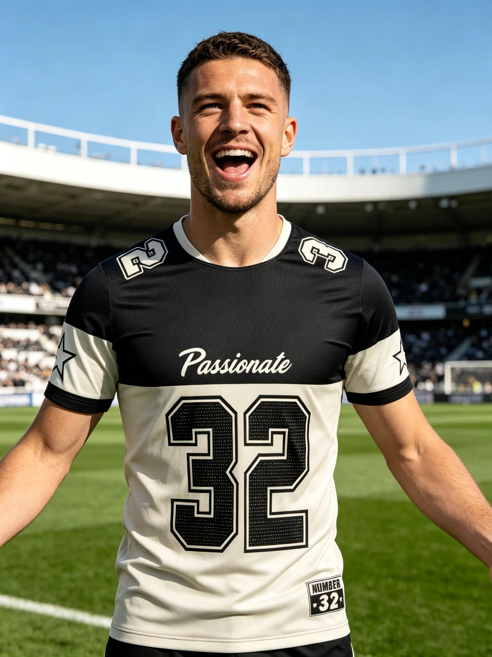 Color‑block trendy No.32 soccer jersey with star prints on shoulders and sleeves for street‑style charm